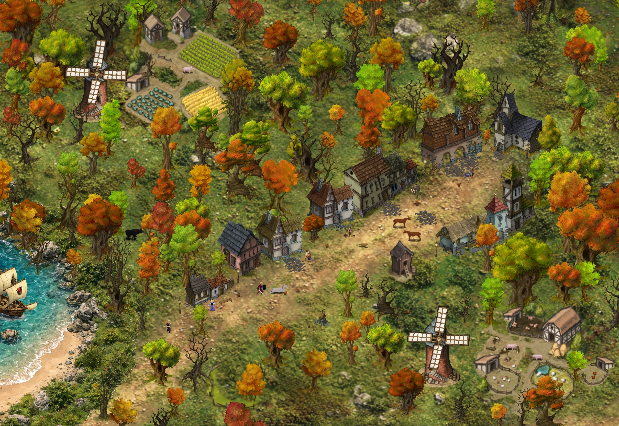 An autumn village in Sleepvale, with winding paths, timber houses, windmills, and a turquoise harbor.