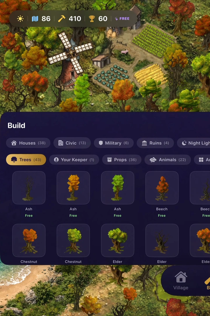 The main Build catalog, showing building categories and a collection of trees.