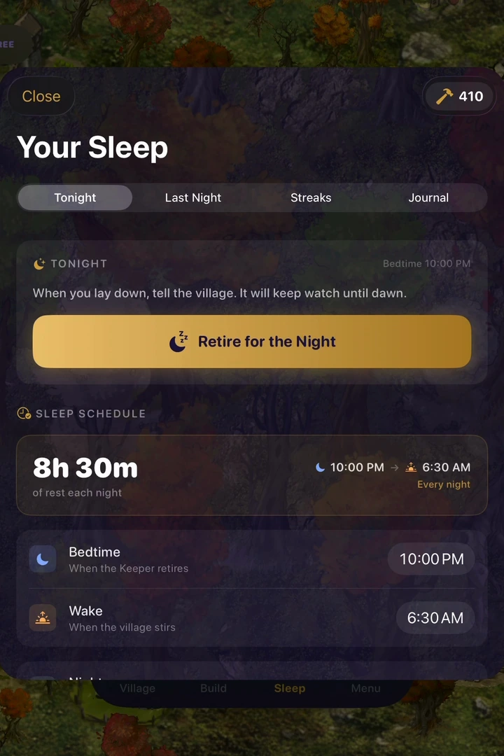 The Your Sleep screen, showing a nightly check-in, bedtime, wake-up time, and recorded rest.