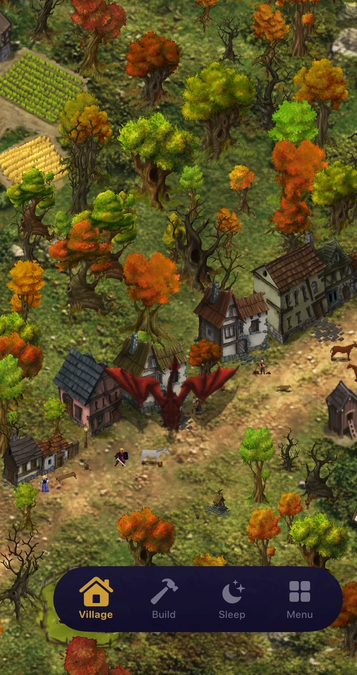 A red dragon flying above Sleepvale’s autumn village, with its wings spread over the rooftops.