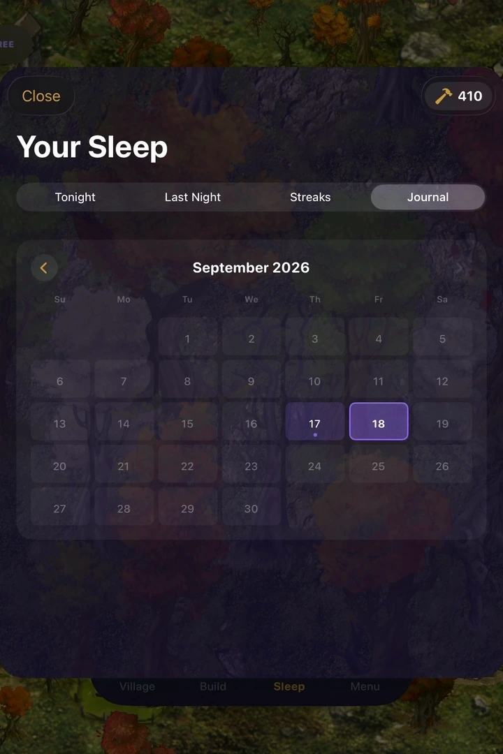 Sleepvale’s sleep journal with a calendar of recorded nights.