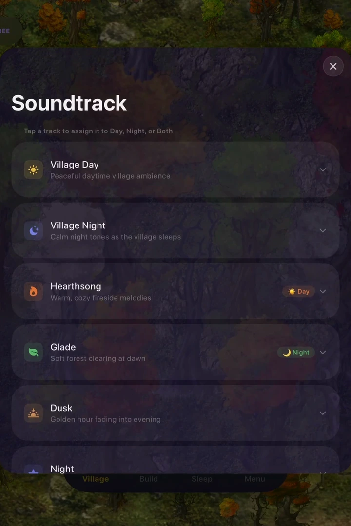 Sleepvale’s soundtrack menu with music choices for the village.