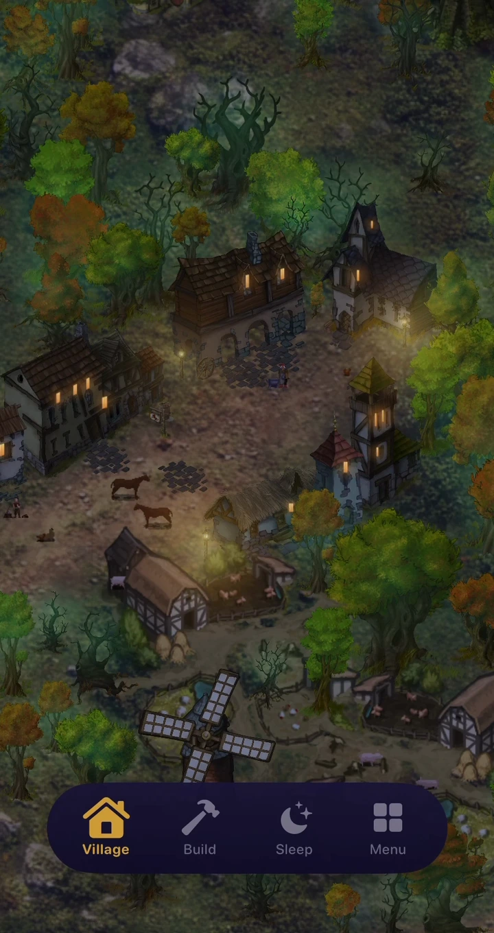 The same village at night, with warm windows and lights glowing among the trees.