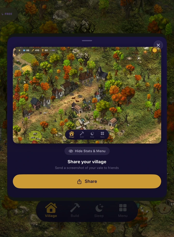 The Share your village screen, with a screenshot preview and an option to hide game controls before sharing.