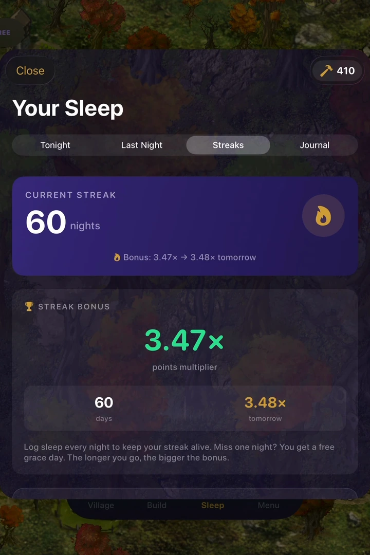 The Streaks screen showing sleep progress and earned rewards.