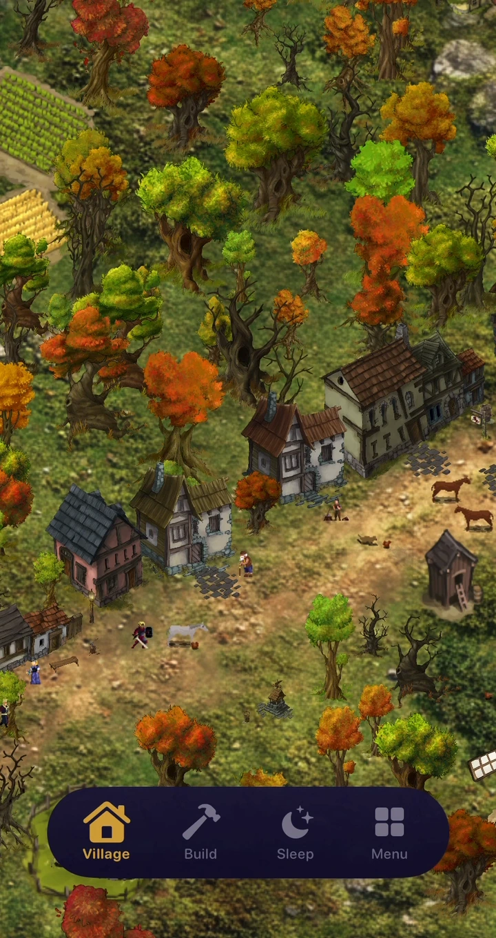 An autumn village filled with trees, homes, and winding paths.