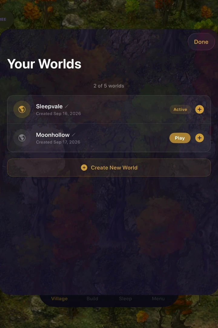 The Worlds menu, where players can manage and open their villages.
